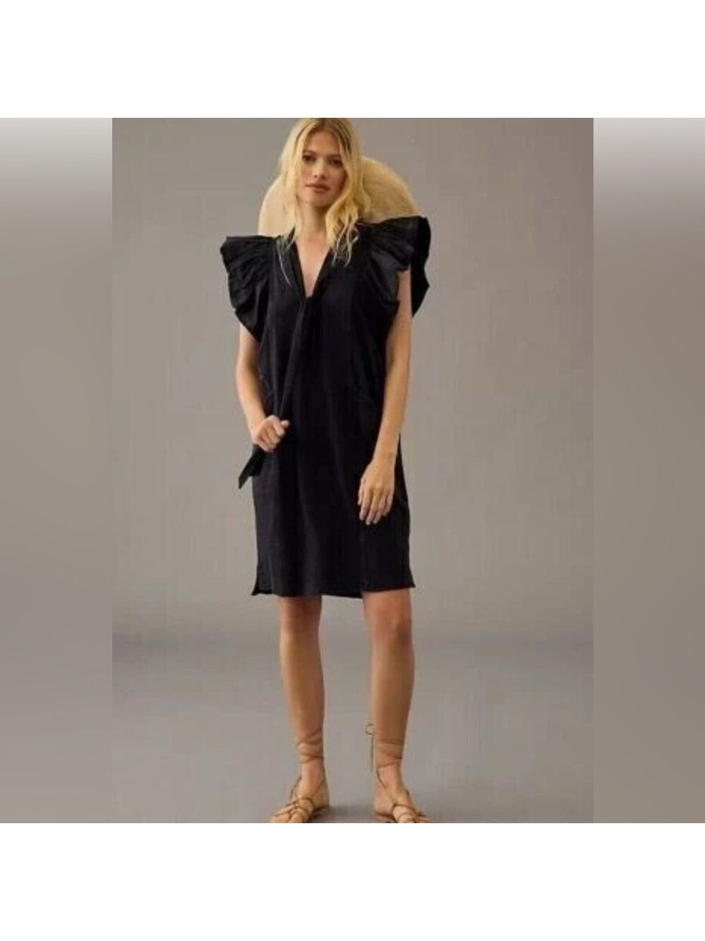 Anthropologie Daily Practice Ruffle Short Sleeve Tee Shirt Dress SZ S Black